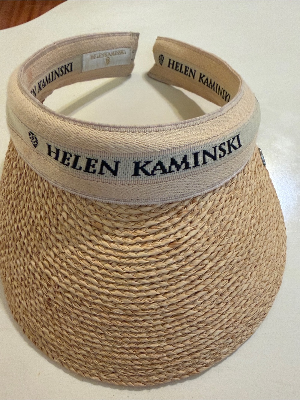 Helen Kaminski Natural Straw Visor with Cream Brim and Black Logo